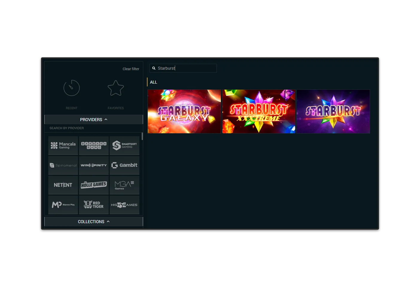 Buscar Starburst en la sección de casino